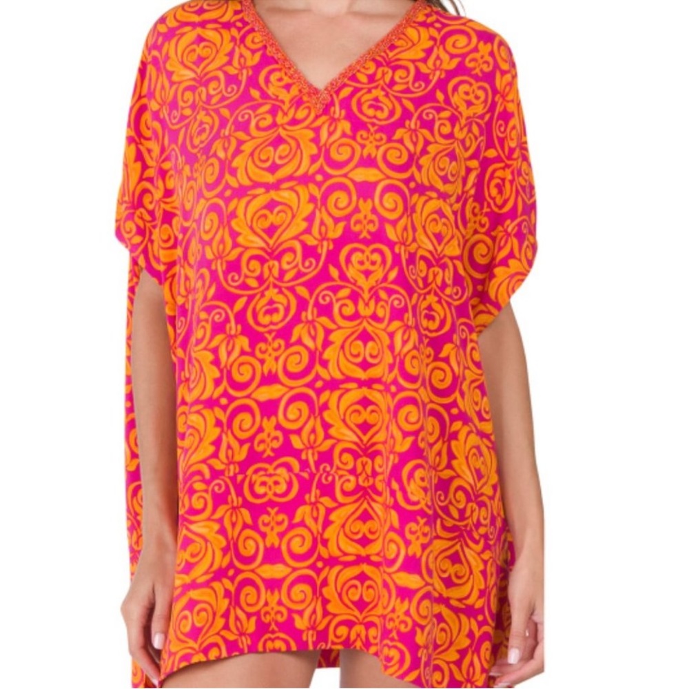 NVELOP SUN Beaded Collar 100% Rayon Uv Protectant Cover Up Tunic Poncho